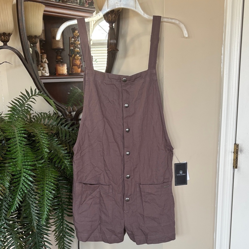 Brand New Volcom Stone Strut Romper Button Up Brown Jumper Casual Short Overalls
